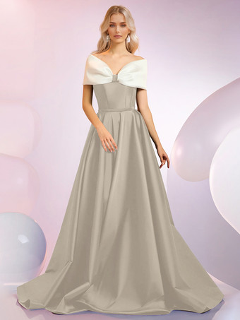 シャンパンイブニングドレス Aラインデザイン ネックラインスイープ 半袖 ジッパーリボン サテン生地 フォーマルディナードレス