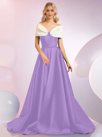 ライラックイブニングドレス Aラインデザイン ネックラインスイープ 半袖 ジッパーリボン サテン生地 フォーマルディナードレス