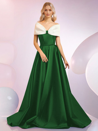 グリーン イブニングドレス Aラインデザイン ネックラインスイープ 半袖 ジッパーリボン サテン生地 フォーマルディナードレス