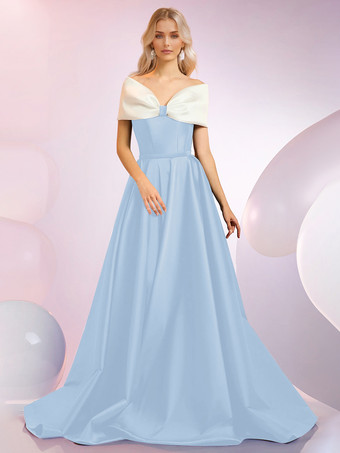 スカイブルー イブニングドレス Aラインデザイン ネックラインスイープ 半袖 ジッパーリボン サテン生地 フォーマルディナードレス