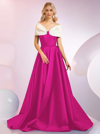 ローズレッドイブニングドレス Aラインデザイン ネックラインスイープ 半袖 ジッパーリボン サテン生地 フォーマルディナードレス