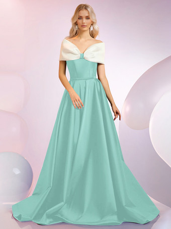 ミントグリーンイブニングドレス Aラインデザイン ネックラインスイープ 半袖 ジッパーリボン サテン生地 フォーマルディナードレス