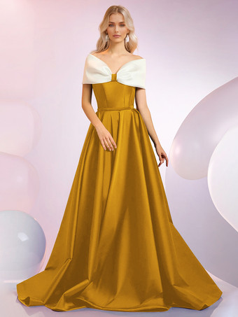 ゴールド イブニングドレス Aラインデザイン ネックラインスイープ 半袖 ジッパーリボン サテン生地 フォーマルディナードレス