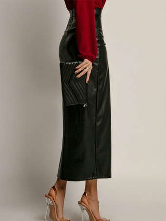 サイドスリット入りフェイクレザースカート ハイウエスト 無地 PU シック ミディスカート レディース 2025