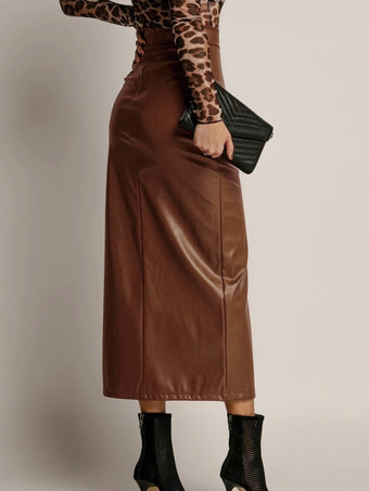 サイドスリット入りフェイクレザースカート ハイウエスト 無地 PU シック ミディスカート レディース 2025