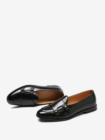 バックル付きラウンドトゥPUレザーモンクローファーシューズ（メンズ）