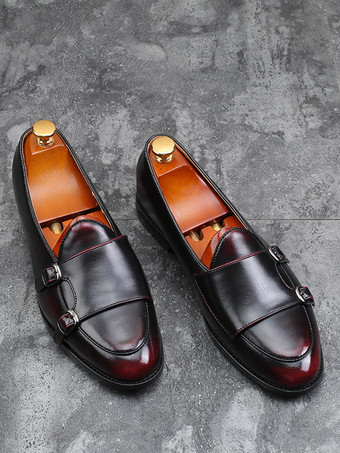 バックル付きラウンドトゥPUレザーモンクローファーシューズ（メンズ）