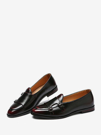 ワインレッド バックル付きラウンドトゥPUレザーモンクローファーシューズ（メンズ）