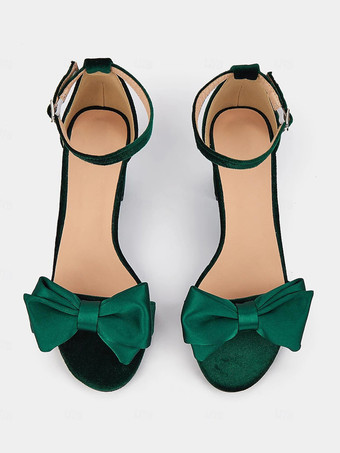 ウェディングシューズ コーデュロイ グリーン リボン ラウンドトゥ ウェディングサンダル