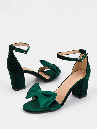 グリーン ウェディングシューズ コーデュロイ グリーン リボン ラウンドトゥ ウェディングサンダル