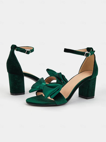 ウェディングシューズ コーデュロイ グリーン リボン ラウンドトゥ ウェディングサンダル