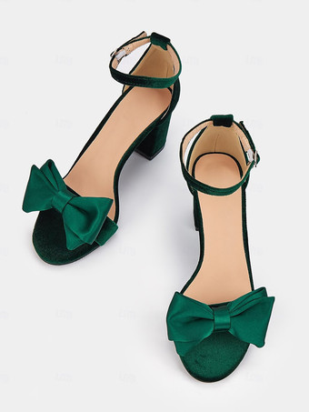 ウェディングシューズ コーデュロイ グリーン リボン ラウンドトゥ ウェディングサンダル