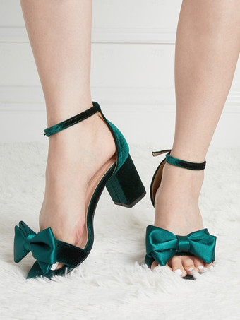 ウェディングシューズ コーデュロイ グリーン リボン ラウンドトゥ ウェディングサンダル