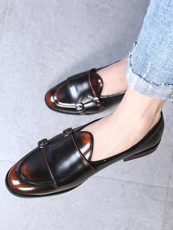 ブラウンバックル付きラウンドトゥPUレザーモンクローファーシューズ（メンズ）