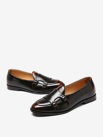 バックル付きラウンドトゥPUレザーモンクローファーシューズ（メンズ）