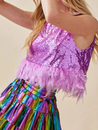 フェザーヘムのスパンコールクロップトップス、ノースリーブクルーネッククラブパーティートップス、レディース2025