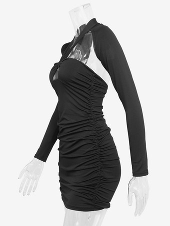 Vestido ajustado con cuello halter y hombros descubiertos manga larga anudado minivestido sexy para mujer 2025