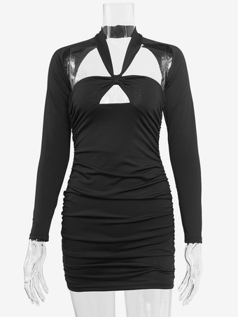 Vestido ajustado con cuello halter y hombros descubiertos manga larga anudado minivestido sexy para mujer 2025