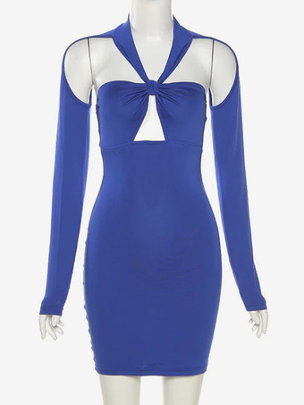 Vestido ajustado con cuello halter y hombros descubiertos manga larga anudado minivestido sexy para mujer 2025