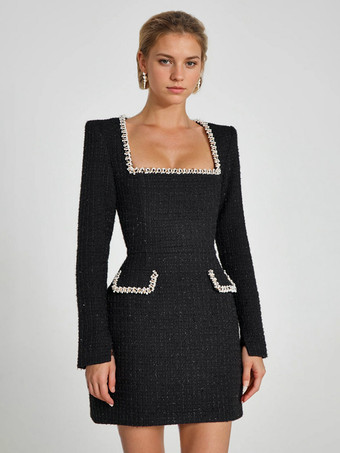 ミニドレス Uネック 長袖 セミフォーマル 誕生日パーティードレス 女性用 2025