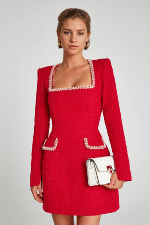 レッド ミニドレス Uネック 長袖 セミフォーマル 誕生日パーティードレス 女性用 2025