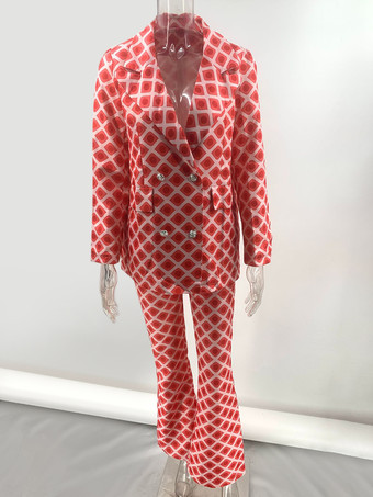 幾何学模様プリントのレディーススーツ ダブルブレストブレザーとフレアパンツのレトロなツーピースコーデセット 2025