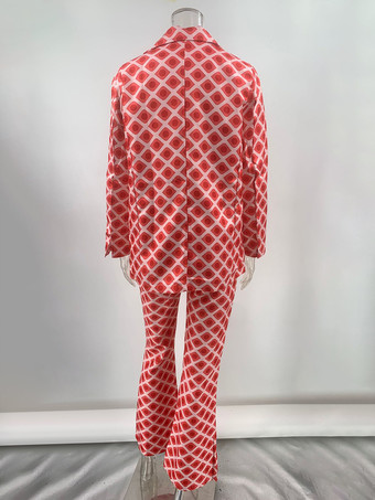 幾何学模様プリントのレディーススーツ ダブルブレストブレザーとフレアパンツのレトロなツーピースコーデセット 2025