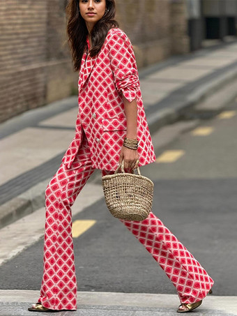 幾何学模様プリントのレディーススーツ ダブルブレストブレザーとフレアパンツのレトロなツーピースコーデセット 2025