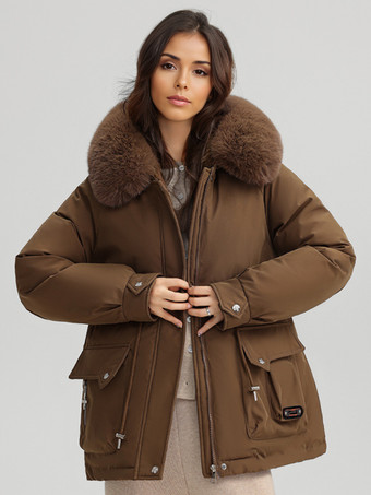 ブラウン ふかふかの厚手のパーカージャケット、フェイクファーの襟、フード付き冬アウター、女性用 2025