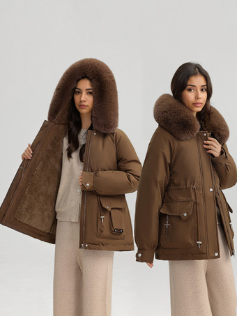 ふかふかの厚手のパーカージャケット、フェイクファーの襟、フード付き冬アウター、女性用 2025