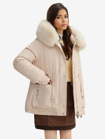 ライト アプリコットふかふかの厚手のパーカージャケット、フェイクファーの襟、フード付き冬アウター、女性用 2025