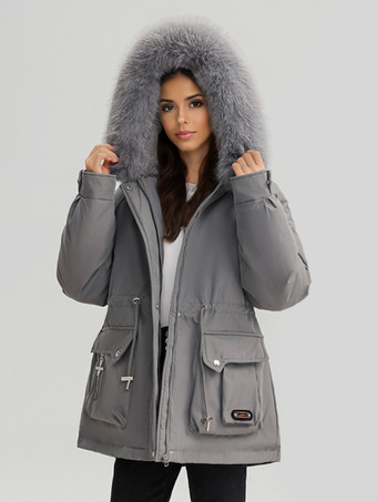 グレイふかふかの厚手のパーカージャケット、フェイクファーの襟、フード付き冬アウター、女性用 2025