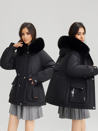 ブラック ふかふかの厚手のパーカージャケット、フェイクファーの襟、フード付き冬アウター、女性用 2025