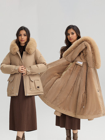 カーキ ふかふかの厚手のパーカージャケット、フェイクファーの襟、フード付き冬アウター、女性用 2025