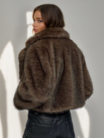 ブラウンのノッチラペルのフェイクファージャケット、女性用冬アウター 2025