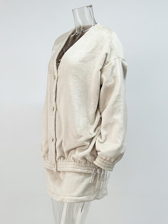 ポーラーフリースのツーピースコーデセット Vネックオーバーサイズジャケットとミニスカート 春のカジュアルコーデ レディース 2025