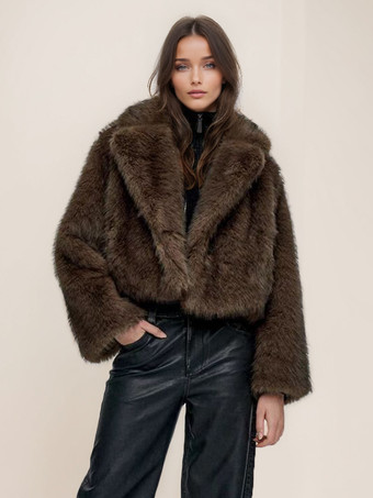 ブラウンのノッチラペルのフェイクファージャケット、女性用冬アウター 2025