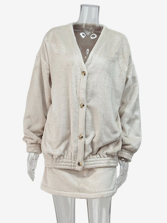 ポーラーフリースのツーピースコーデセット Vネックオーバーサイズジャケットとミニスカート 春のカジュアルコーデ レディース 2025