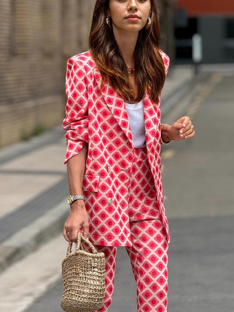 幾何学模様プリントのレディーススーツ ダブルブレストブレザーとフレアパンツのレトロなツーピースコーデセット 2025