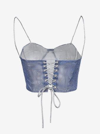 Superbe haut court avec bretelles sans manches à lacets dans le dos tenue de club brillante pour femmes 2025