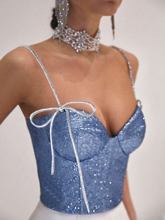 Superbe haut court avec bretelles sans manches à lacets dans le dos tenue de club brillante pour femmes 2025