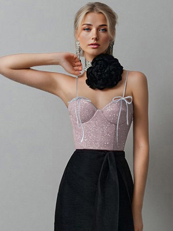 RoseSuperbe haut court avec bretelles sans manches à lacets dans le dos tenue de club brillante pour femmes 2025