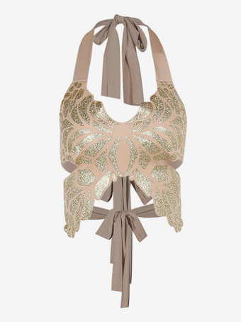 ホルター クロップ トップス、バック ボウノット、輝く蝶のクラブウェア、レディース 2025