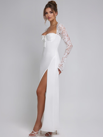 ハイスリットレース付きホワイトマキシドレス ロングスリーブ セクシーボディコンロングドレス レディース 2025