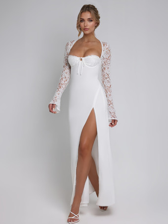 ハイスリットレース付きホワイトマキシドレス ロングスリーブ セクシーボディコンロングドレス レディース 2025