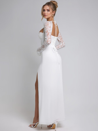 ハイスリットレース付きホワイトマキシドレス ロングスリーブ セクシーボディコンロングドレス レディース 2025