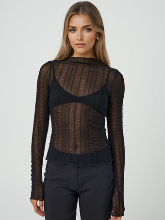 ブラック 透け感のあるTシャツ ジュエルネック 長袖 セクシー 春 トップス レディース 2026