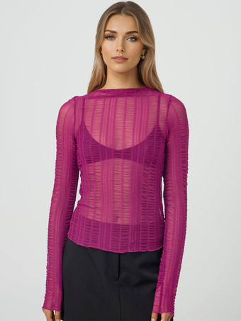 ローズレッド透け感のあるTシャツ ジュエルネック 長袖 セクシー 春 トップス レディース 2026