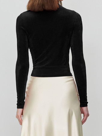 レディース ベーシック T シャツ 長袖 プリーツ ハーフタートルネック スリムフィット 春トップス 2025