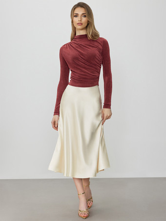 マルーンレディース ベーシック T シャツ 長袖 プリーツ ハーフタートルネック スリムフィット 春トップス 2025